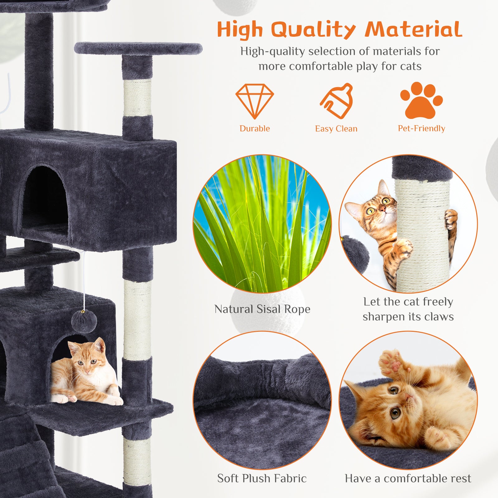 Albero Tiragraffi per Gatti 135cm – Cat Tree Multifunzionale con Amache, Piattaforme e Casetta