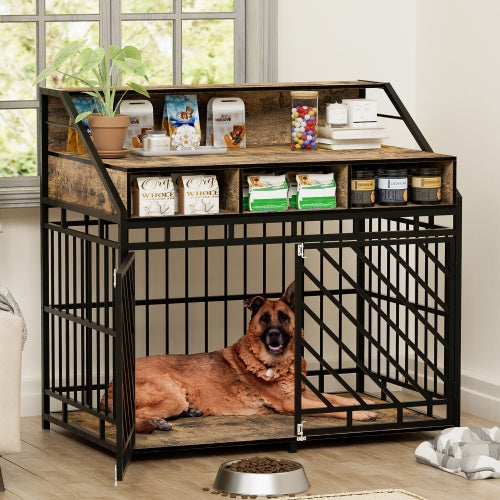Gabbia per Cani in Legno e Metallo 43” – Dog Crate Furniture con Cassetti, Doppia Porta e Design Rustico