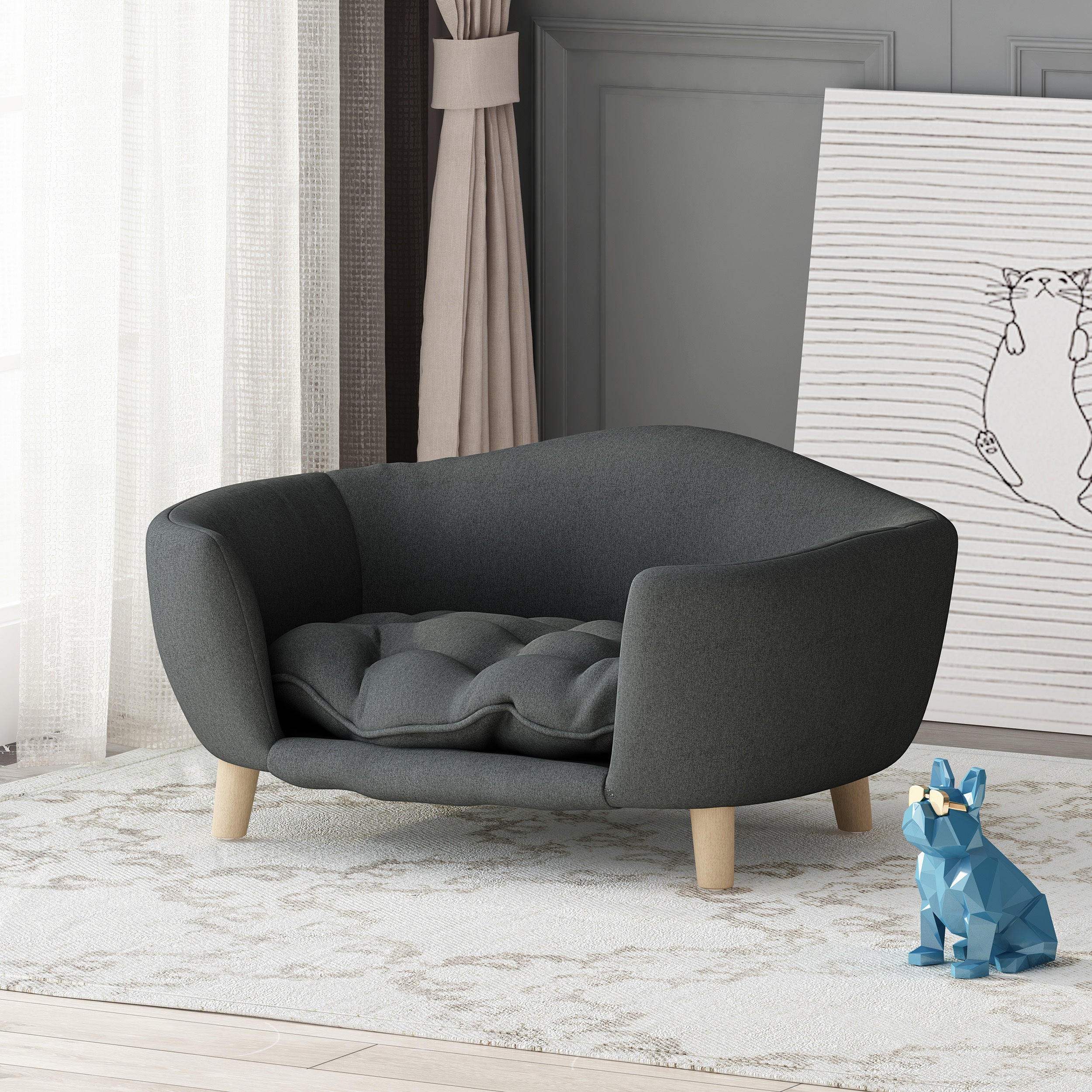 Letto per Cani Piccoli – Dog Bed Design Mid-Century con Cuscino Tufted e Gambe in Betulla