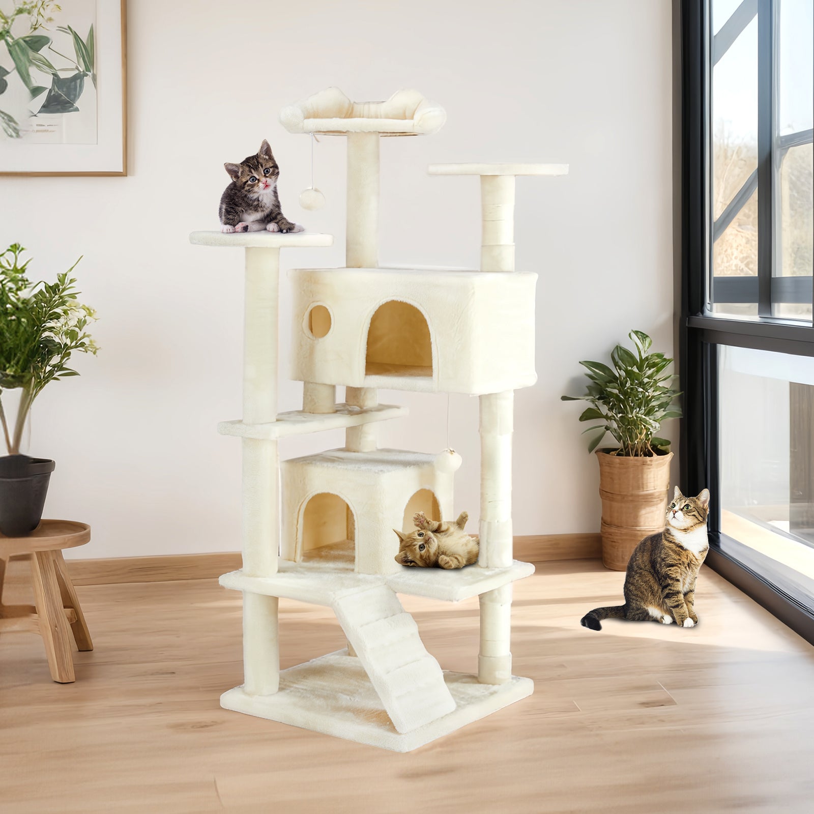Albero Tiragraffi per Gatti 135cm – Cat Tree Multifunzionale con Amache, Piattaforme e Casetta