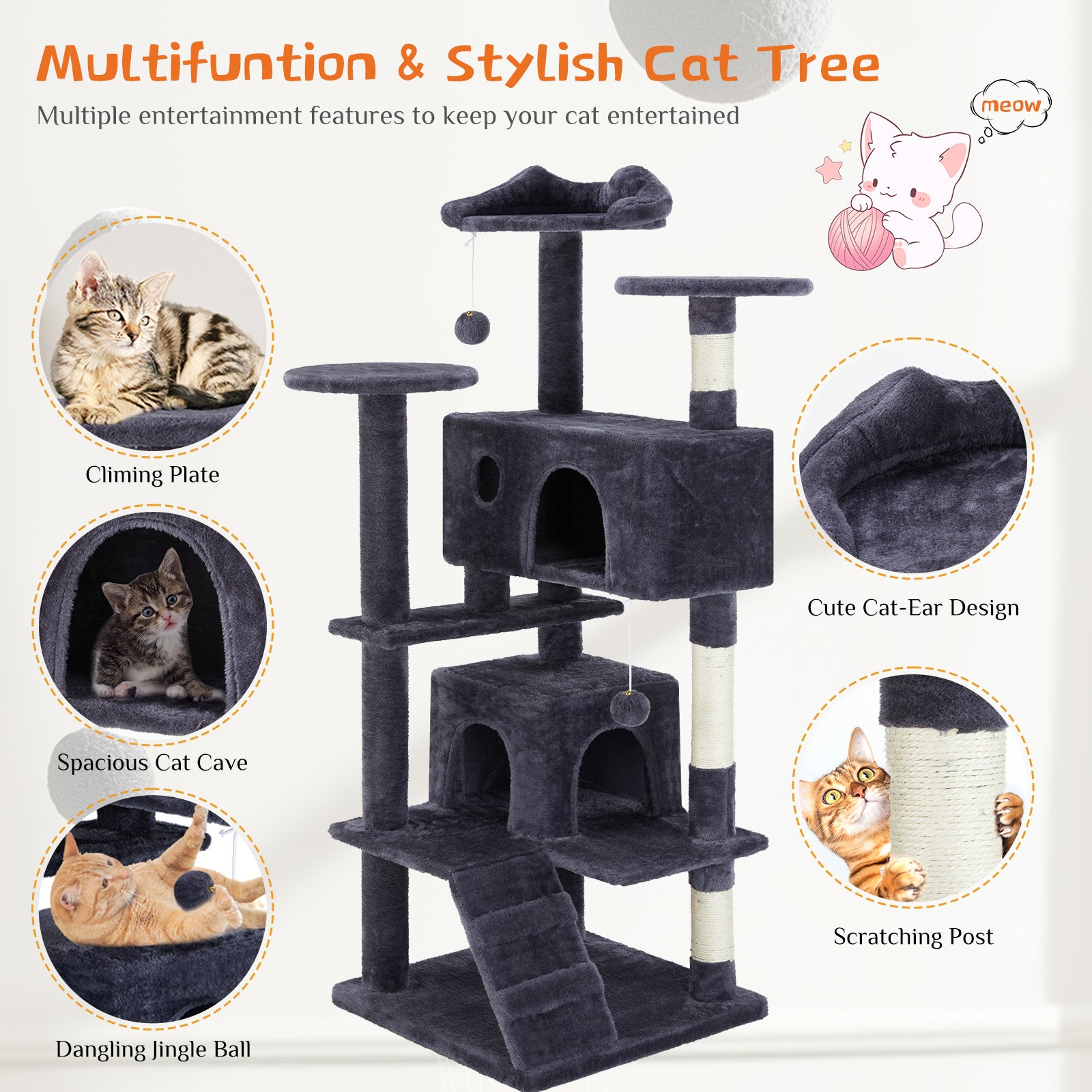 Albero Tiragraffi per Gatti 135cm – Cat Tree Multifunzionale con Amache, Piattaforme e Casetta